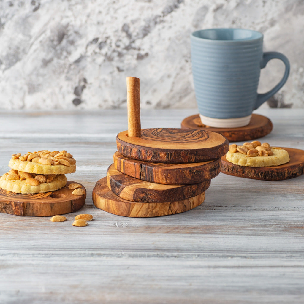 7-Piece Olive Wood Coaster Set with Holder