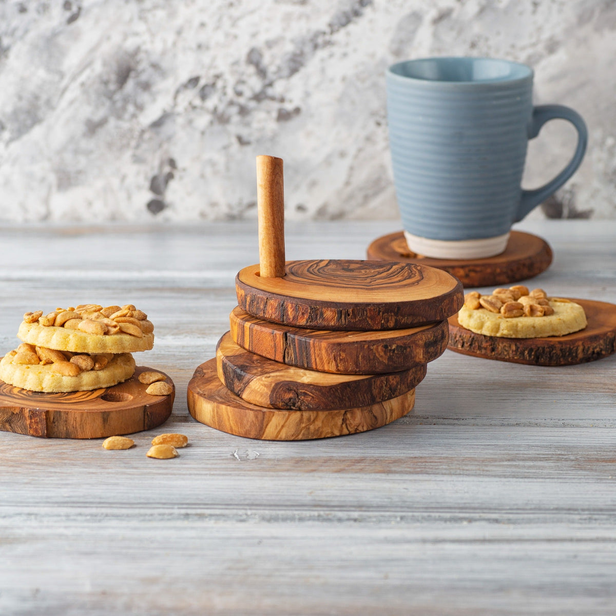 7-Piece Olive Wood Coaster Set with Holder