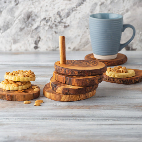 7-Piece Olive Wood Coaster Set with Holder