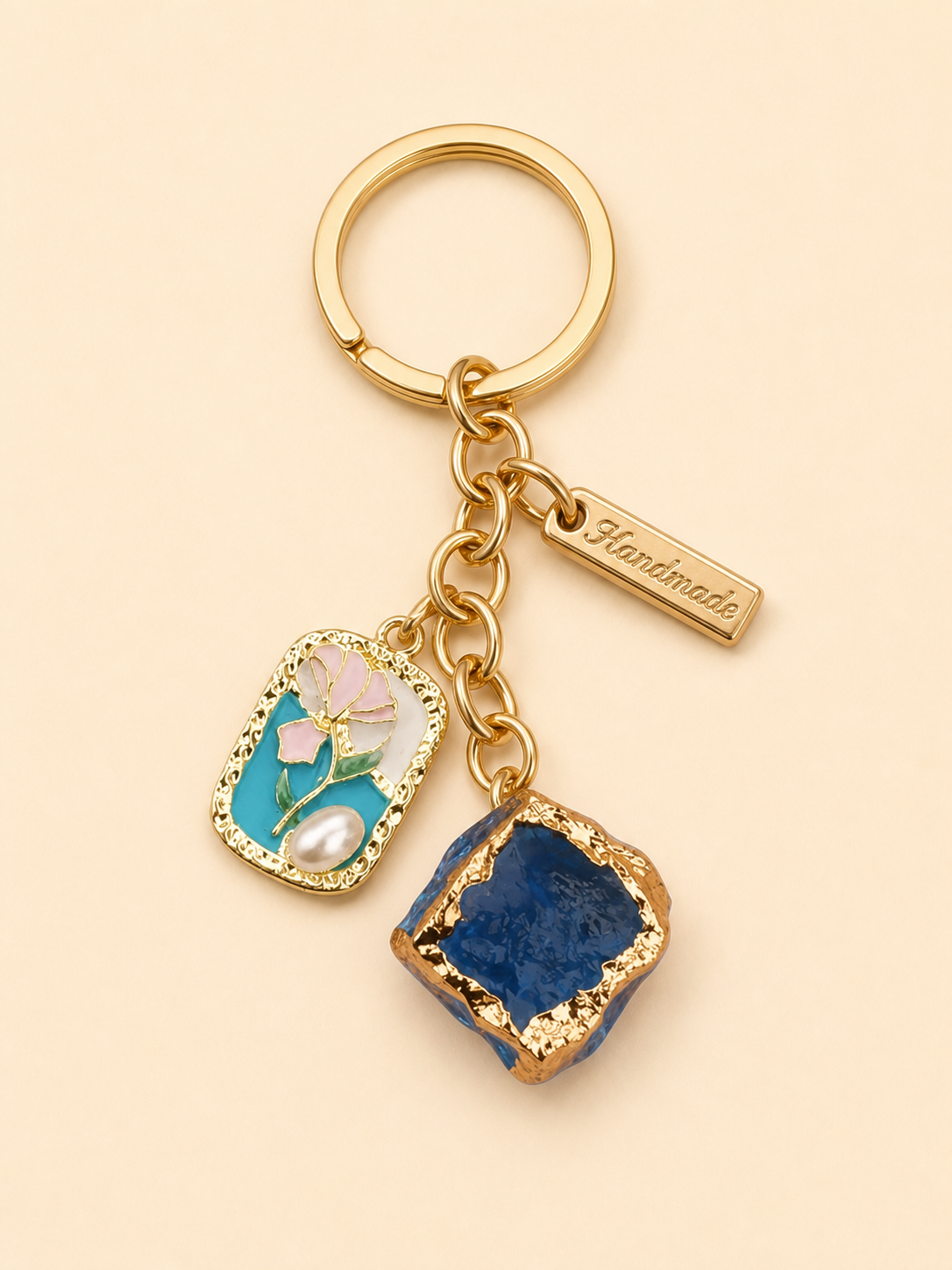 Handmade Floral Charm Keychain - Blue & Floral