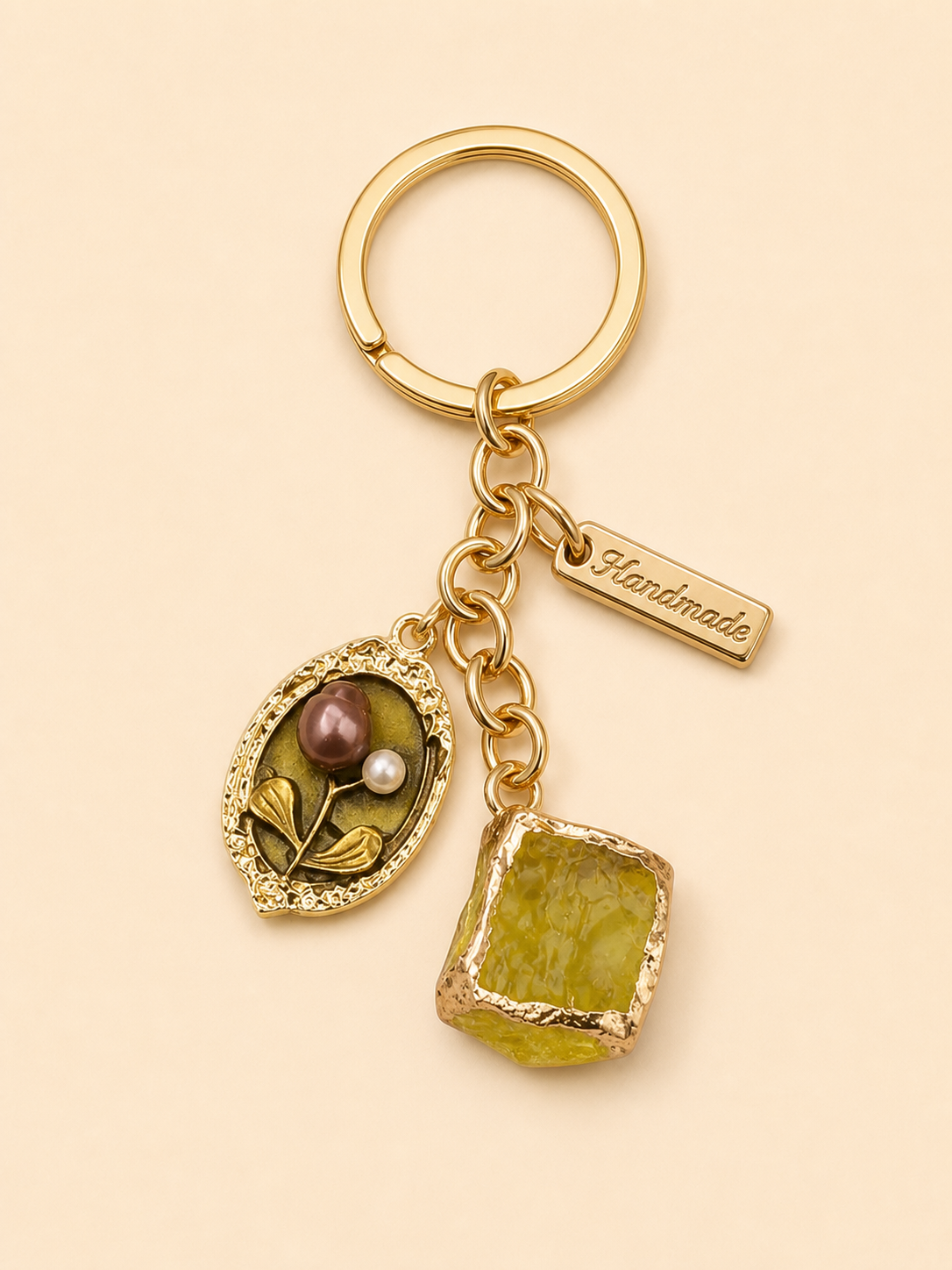 Handmade Floral Charm Keychain - Olive & Pearl