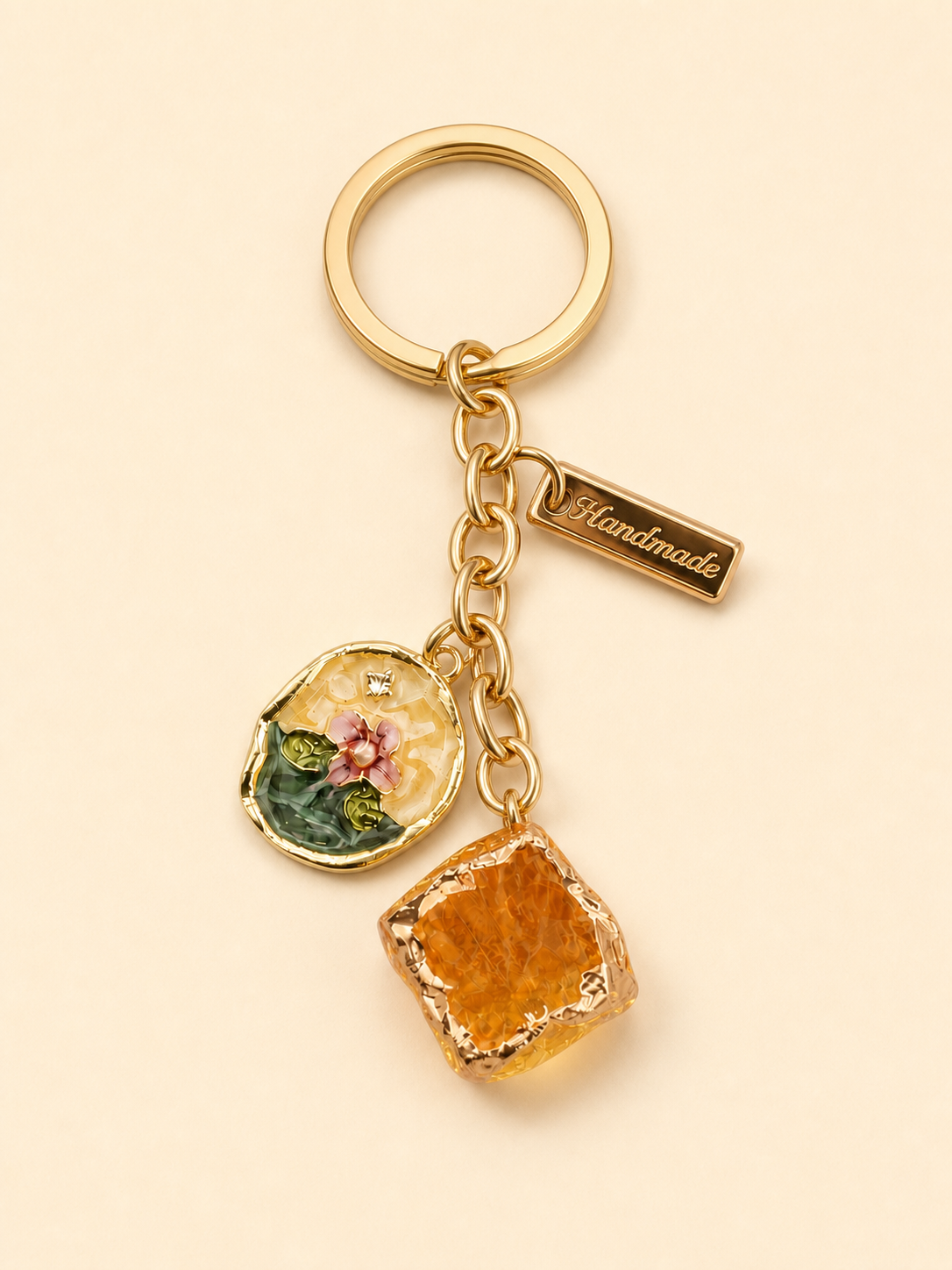 Handmade Floral Charm Keychain - Citrine & Botanical