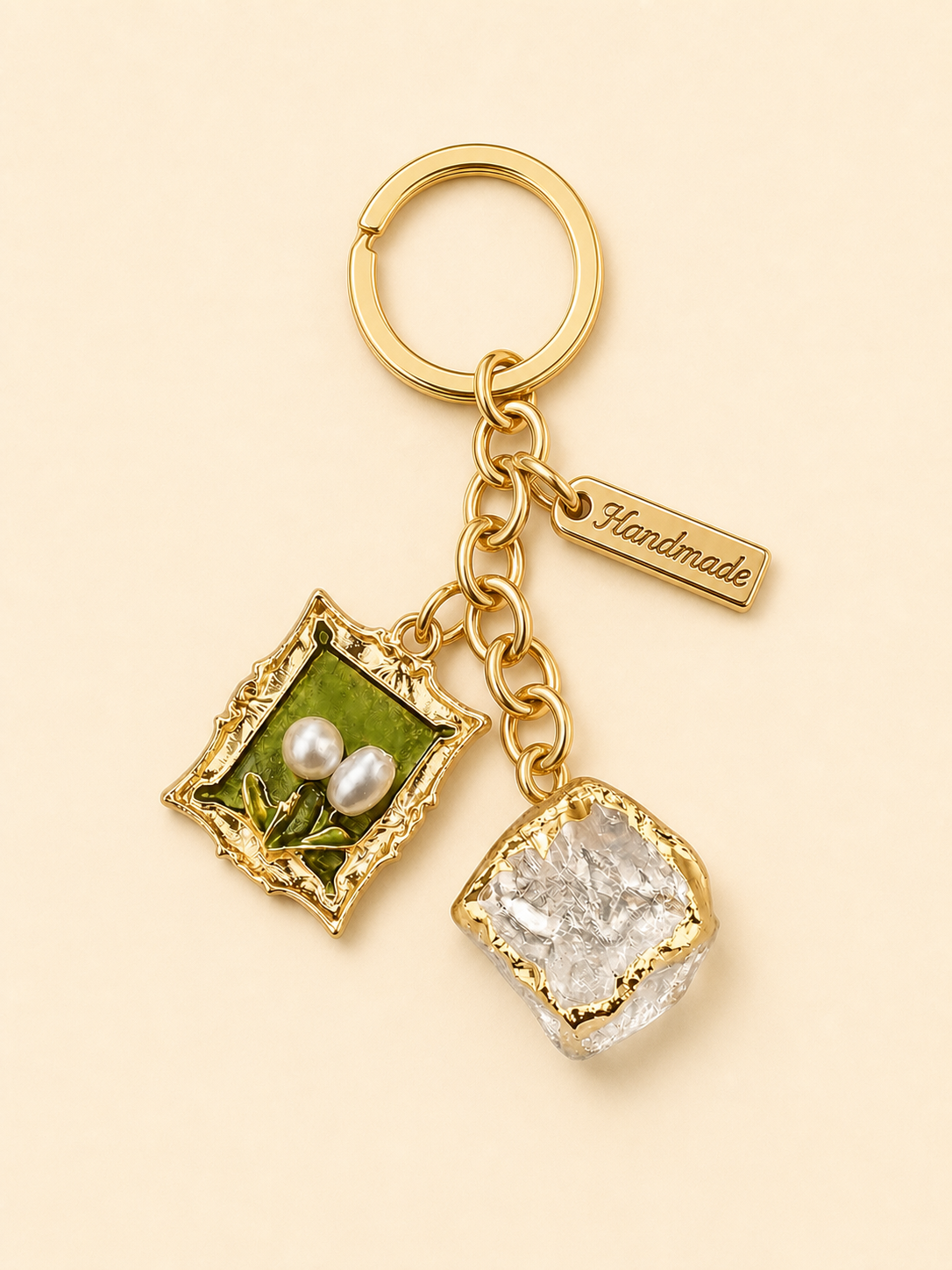 Handmade Floral Charm Keychain - Clear & Green