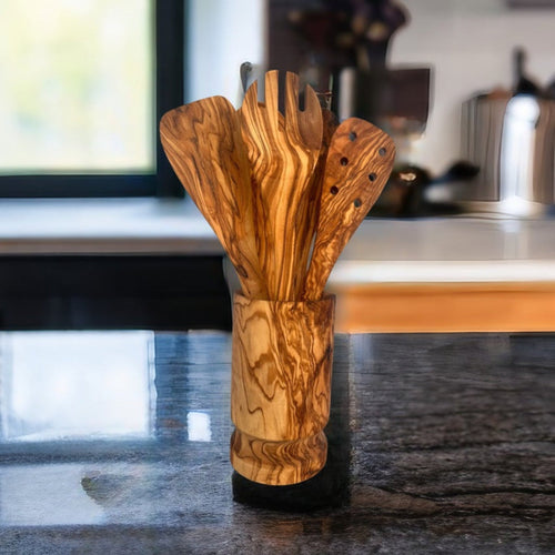 6-Piece Olive Wood Kitchen Utensil Set with Holder
