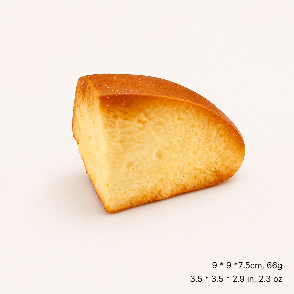 Bread slice squishy close up showing realistic golden crust and fluffy crumb texture
