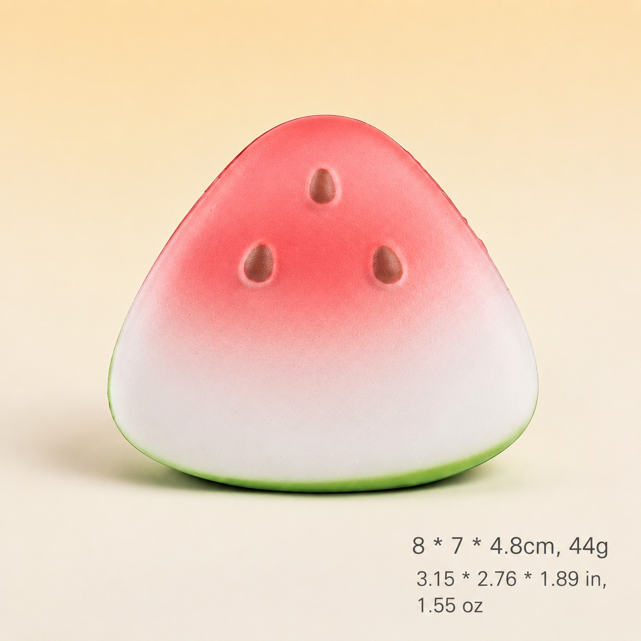 Watermelon slice squishy with size dimensions 8x7x4.8cm and weight 44g