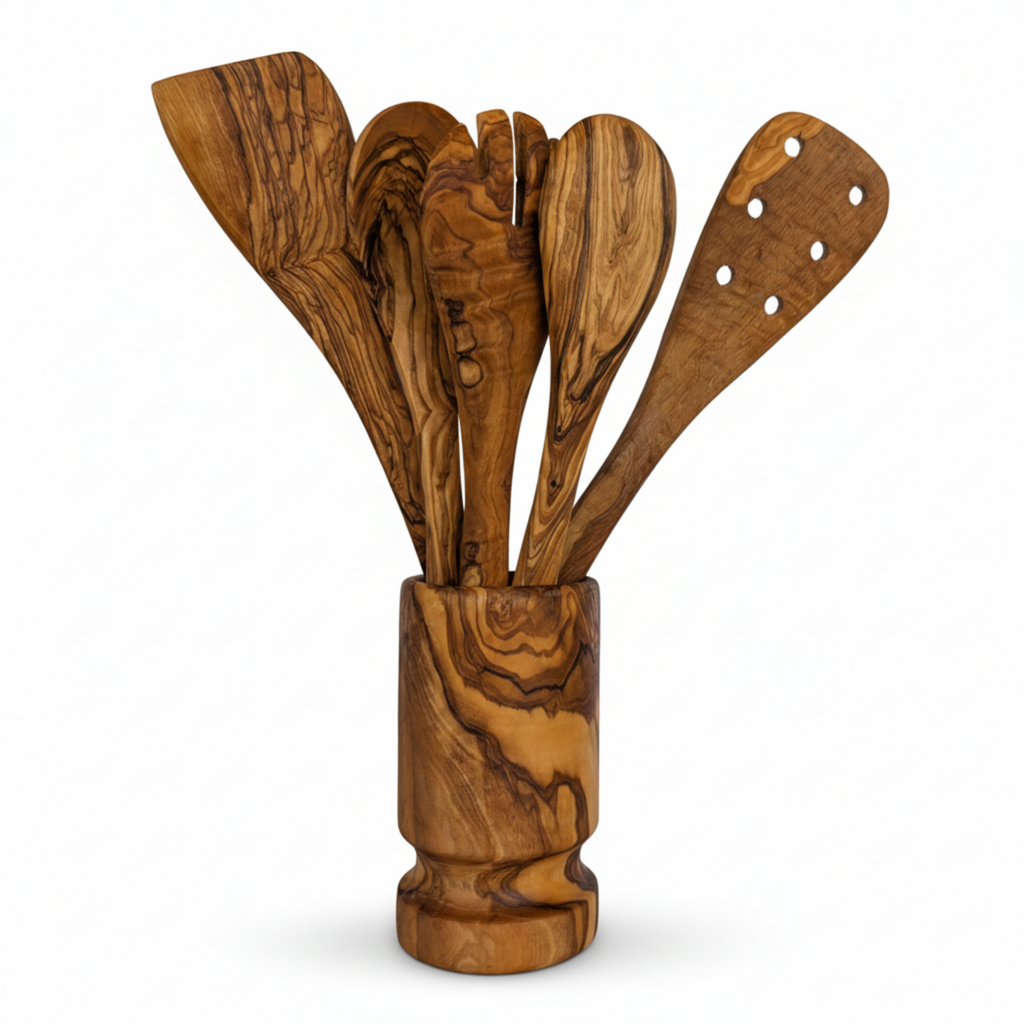 6-Piece Olive Wood Kitchen Utensil Set with Holder
