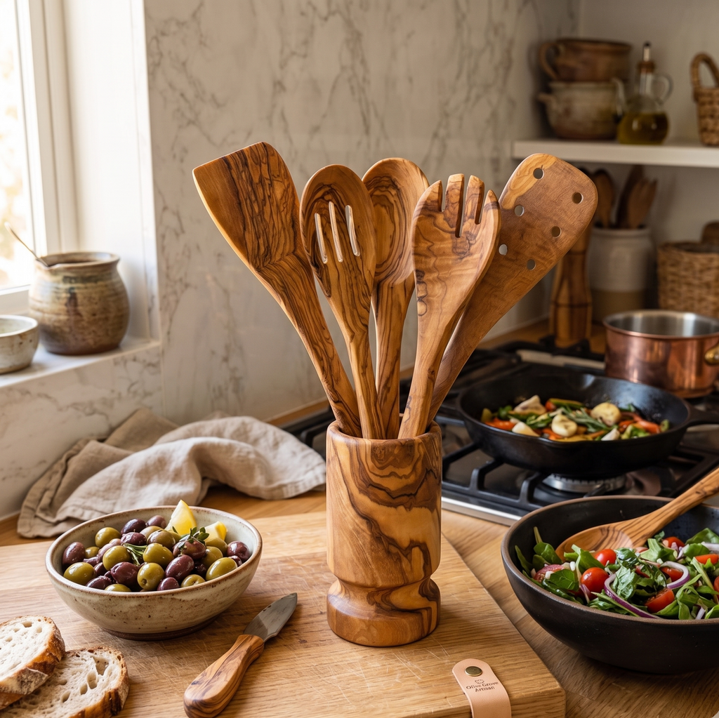 6-Piece Olive Wood Kitchen Utensil Set with Holder