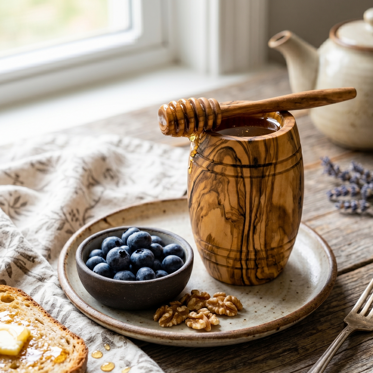 Olive Wood Honey Pot with Dipper