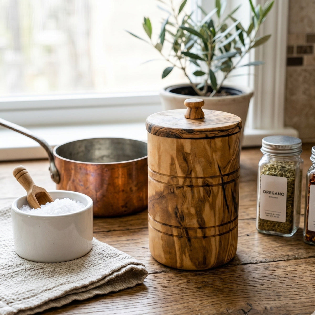 Olive Wood Salt Keeper with Lid