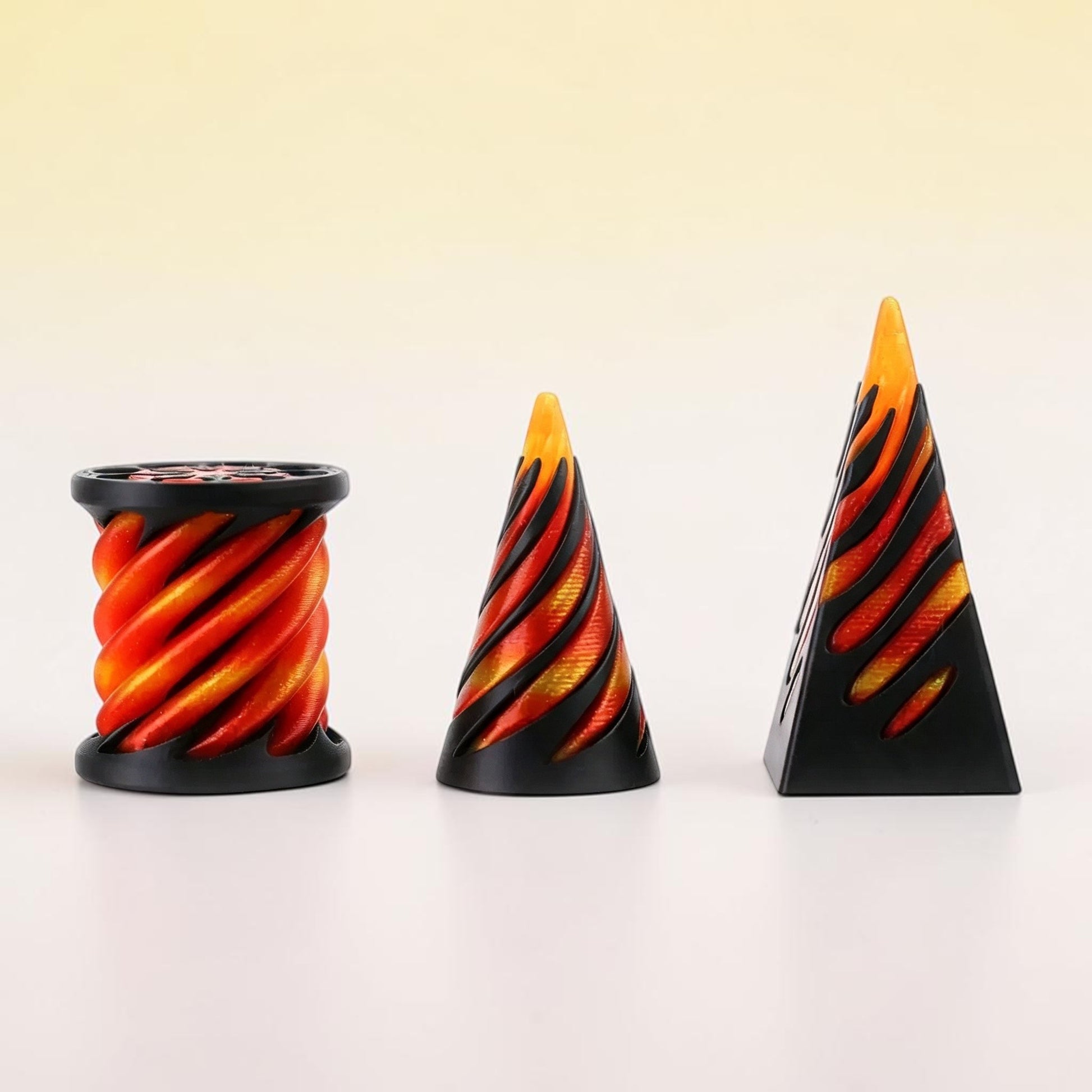 Flame spiral 3D print set of 3 - cylinder, cone, and pyramid