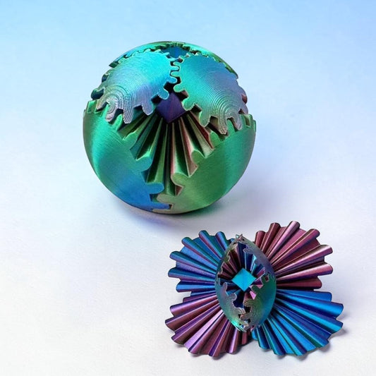 Gear globe 3D print desk sculpture in Ocean Teal blue-green iridescent PLA, diameter 8cm