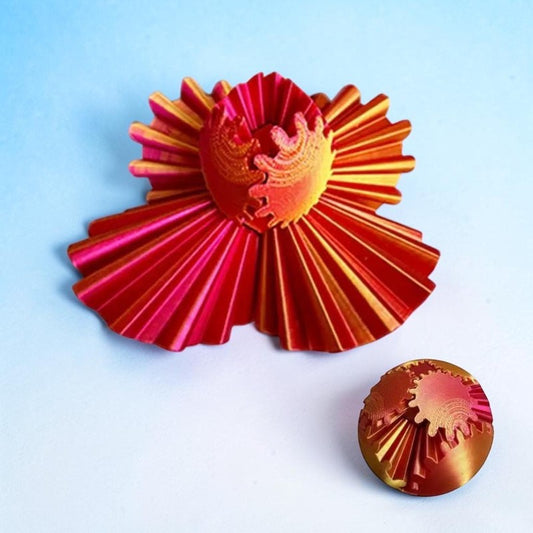 Gear globe 3D print desk sculpture in Sunset Red orange iridescent PLA, diameter 8cm