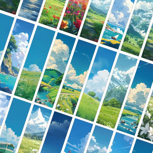 30pcs anime landscape bookmark set displayed in a circle fan arrangement