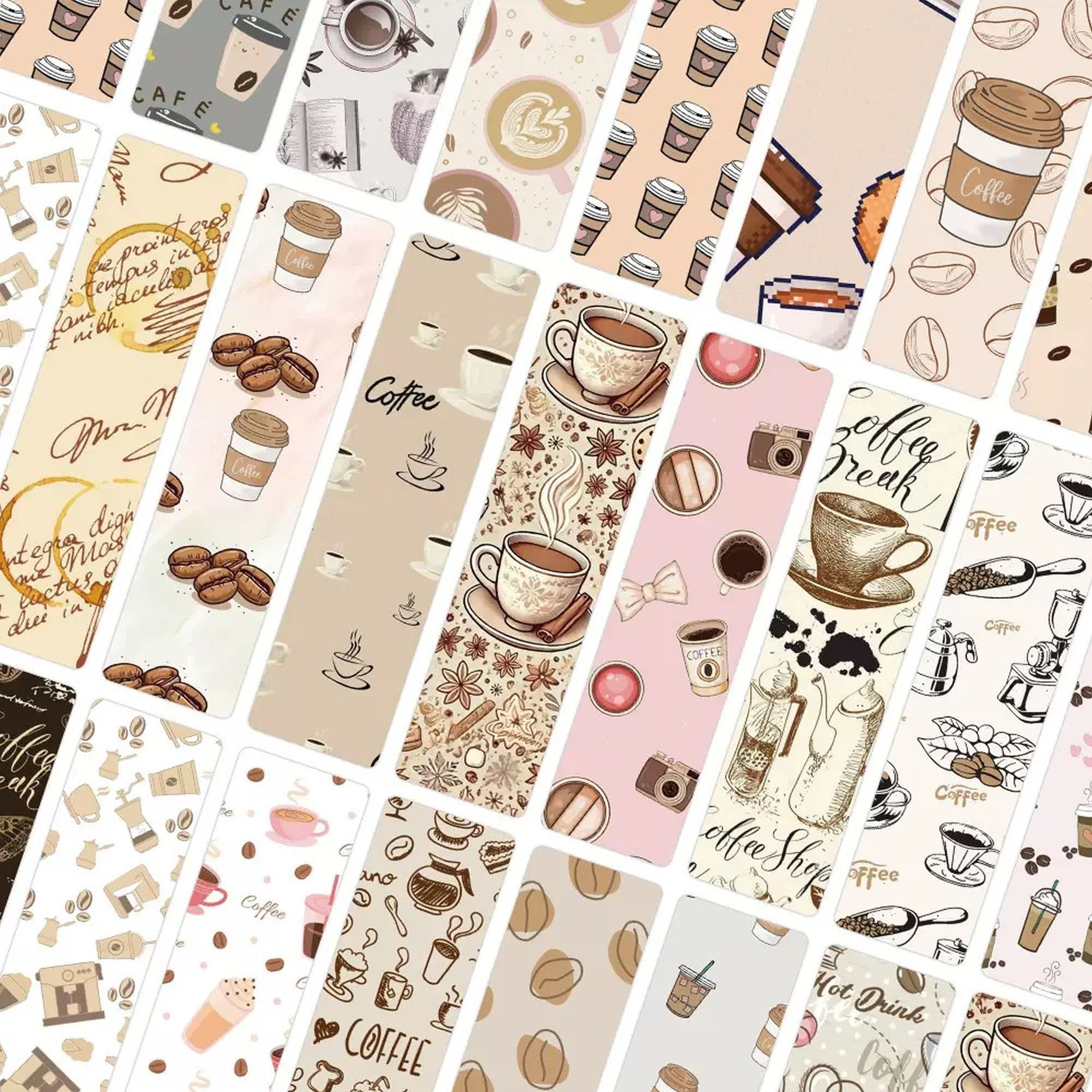 24pcs coffee themed bookmark set spread out showing various designs