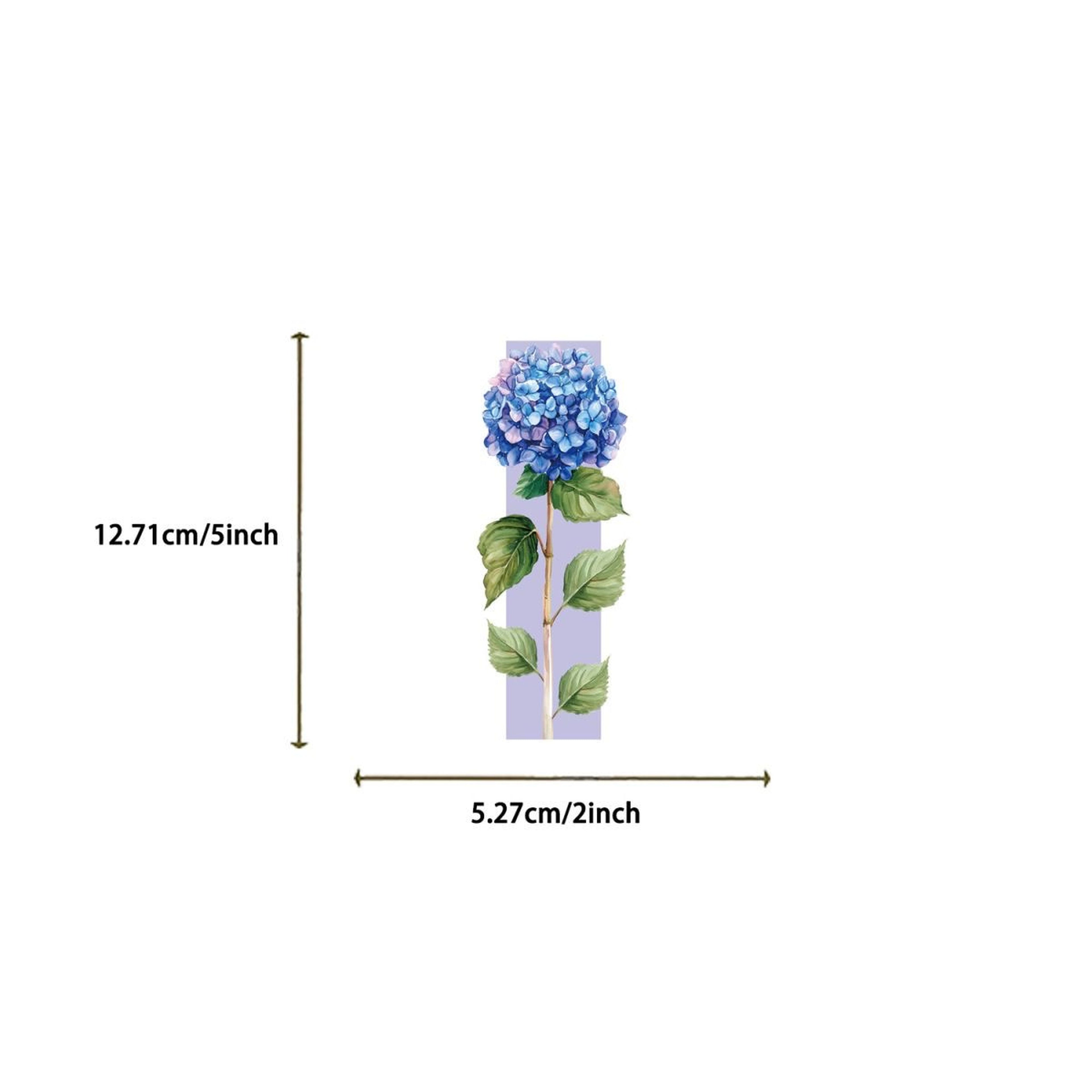 Single watercolour floral bookmark showing size 5.27cm x 12.71cm with blue hydrangea design