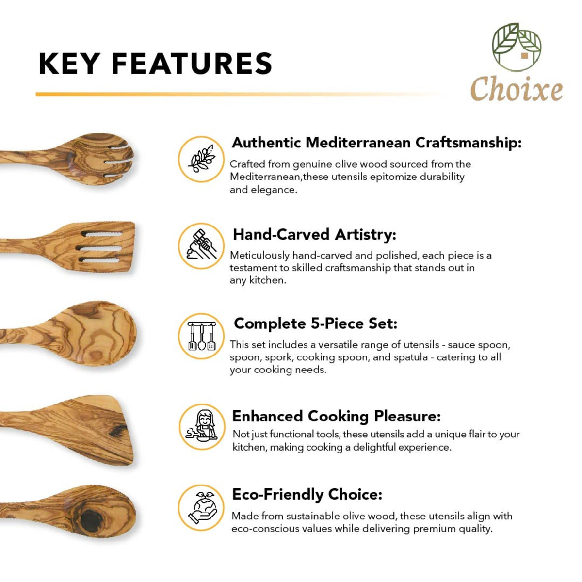 5-Piece Olive Wood Kitchen Utensil Set