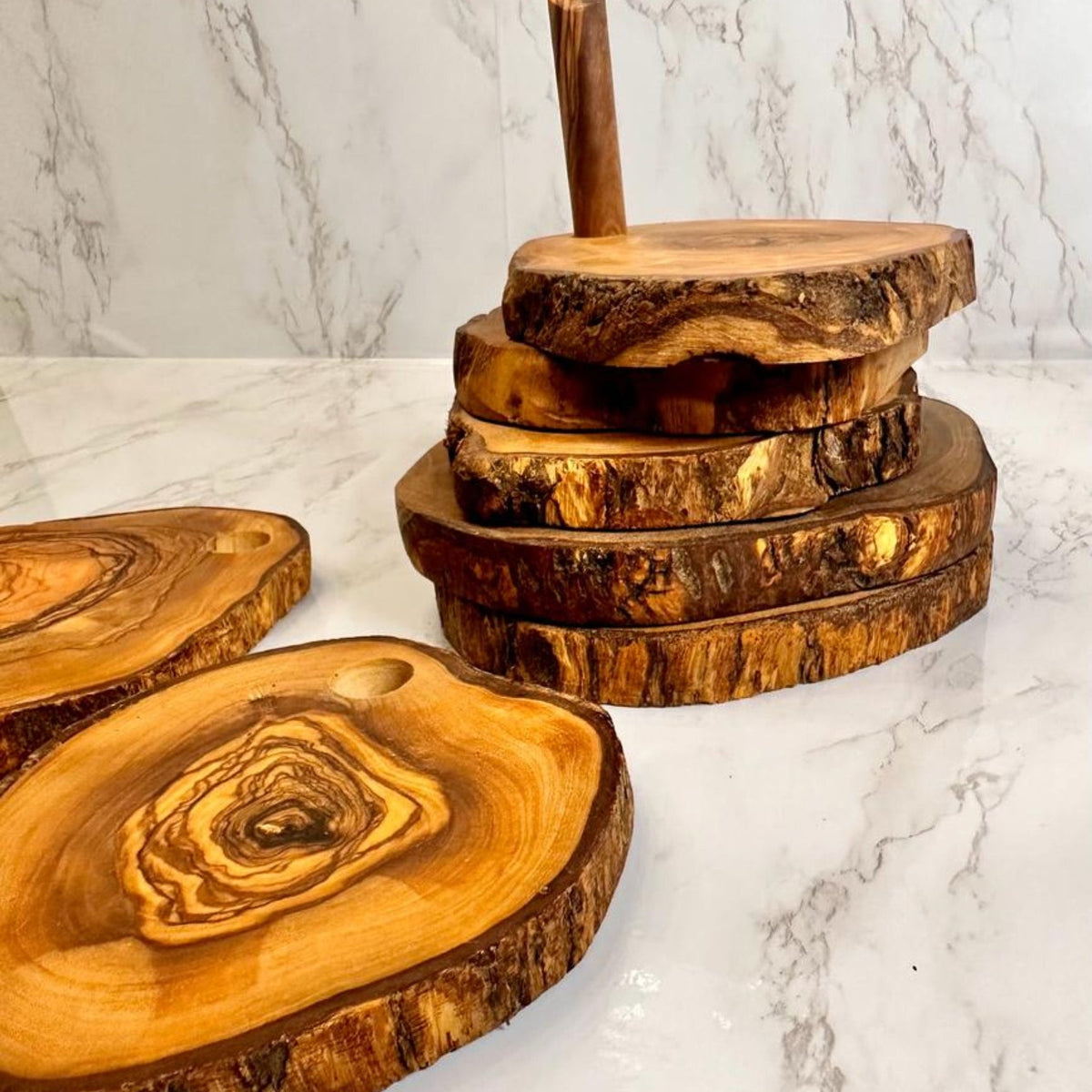 7-Piece Olive Wood Coaster Set with Holder