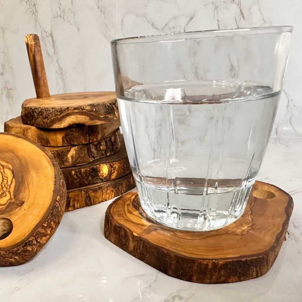 7-Piece Olive Wood Coaster Set with Holder