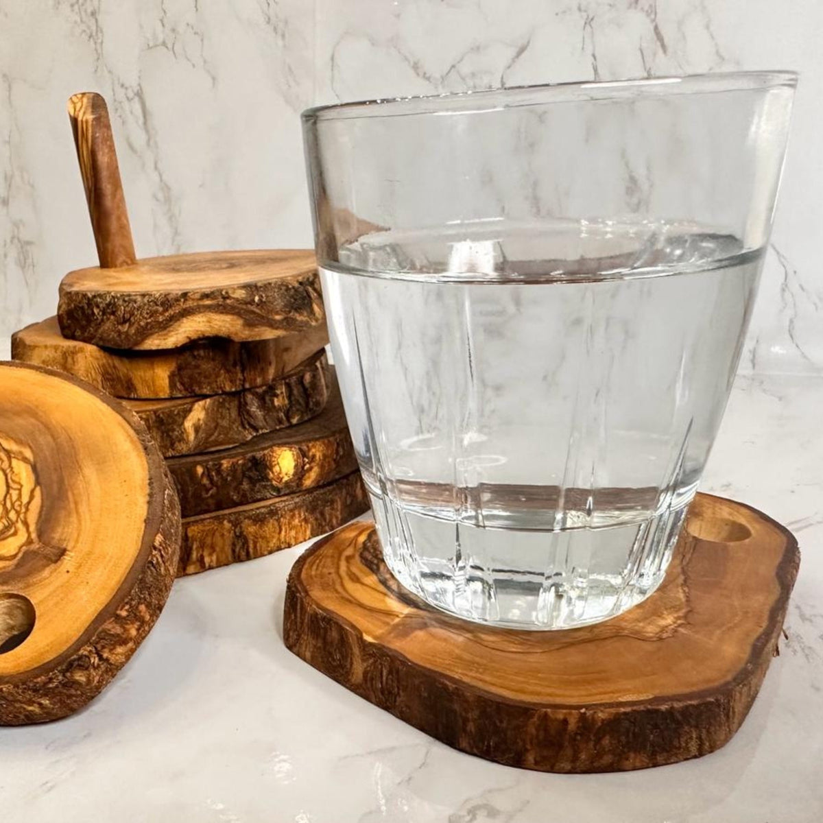 7-Piece Olive Wood Coaster Set with Holder