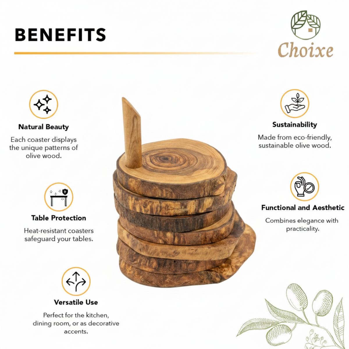 7-Piece Olive Wood Coaster Set with Holder