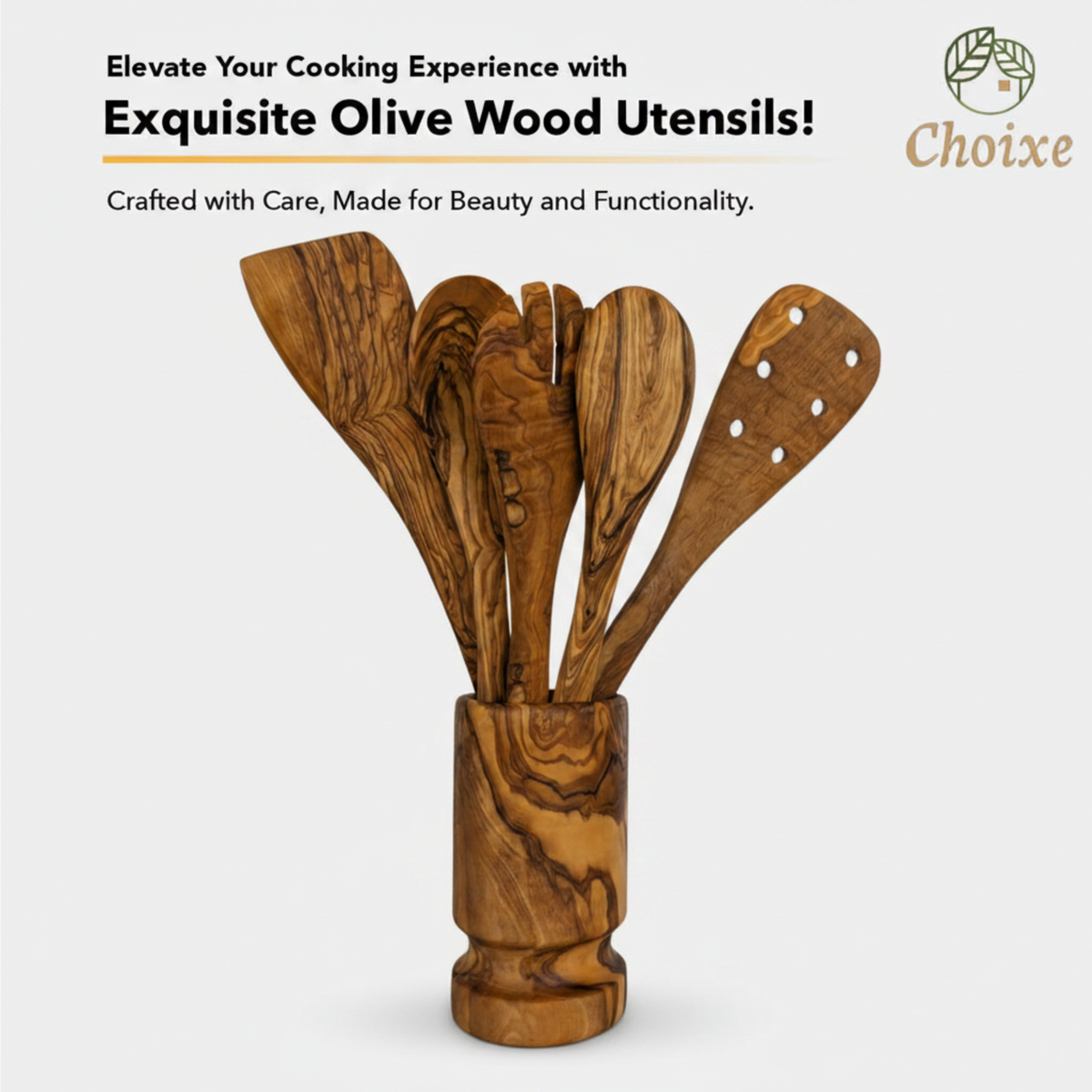 6-Piece Olive Wood Kitchen Utensil Set with Holder