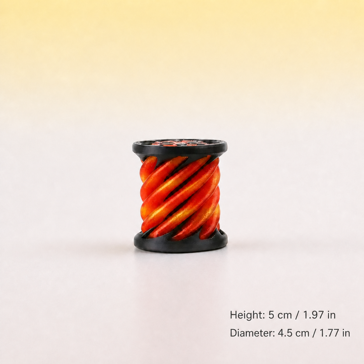 Flame spiral cylinder spool 3D print - side view with dimensions
