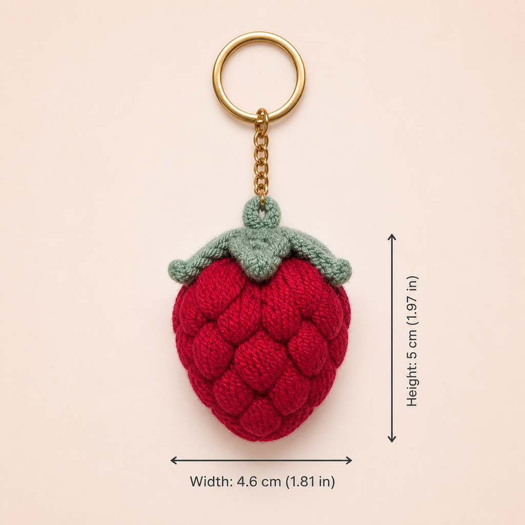 Strawberry crochet keychain bag charm side view