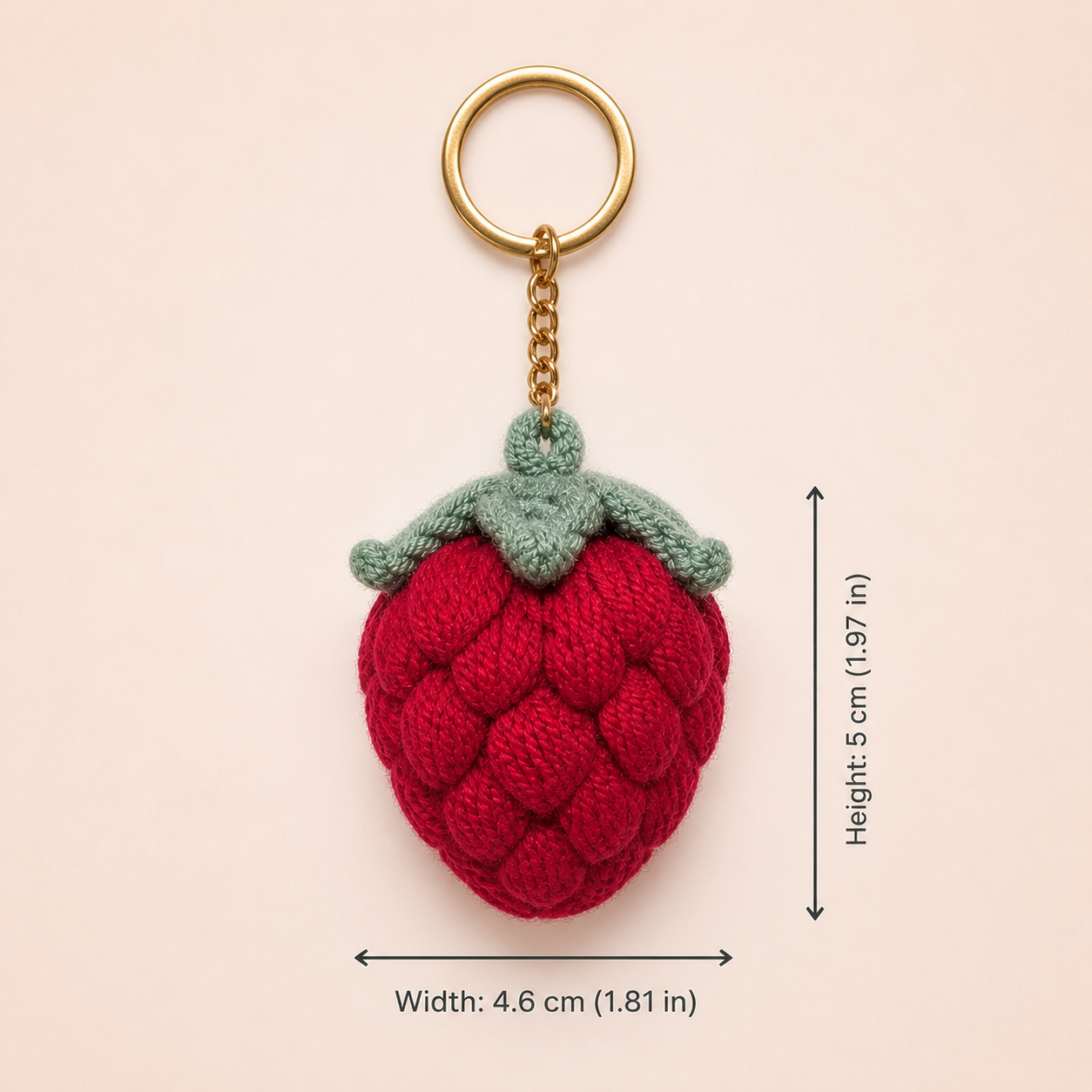 Strawberry crochet keychain bag charm side view