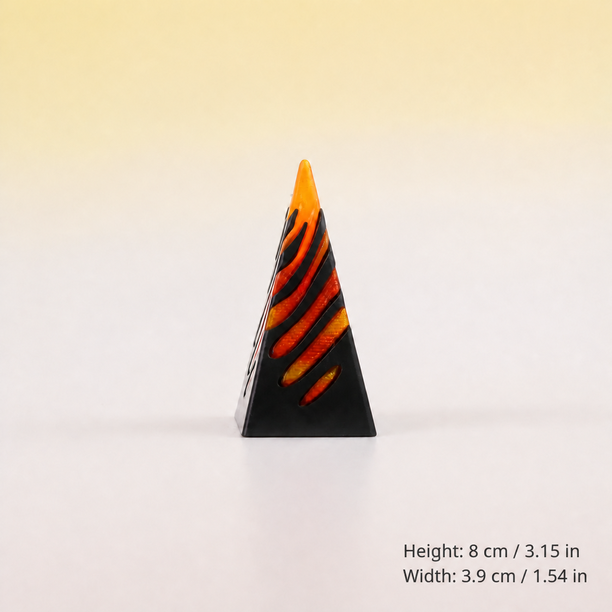 Flame spiral pyramid 3D print - side view with dimensions