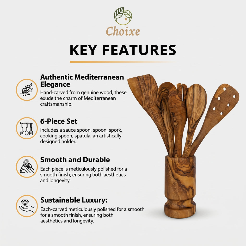 6-Piece Olive Wood Kitchen Utensil Set with Holder