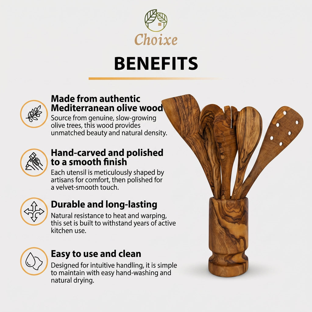 6-Piece Olive Wood Kitchen Utensil Set with Holder