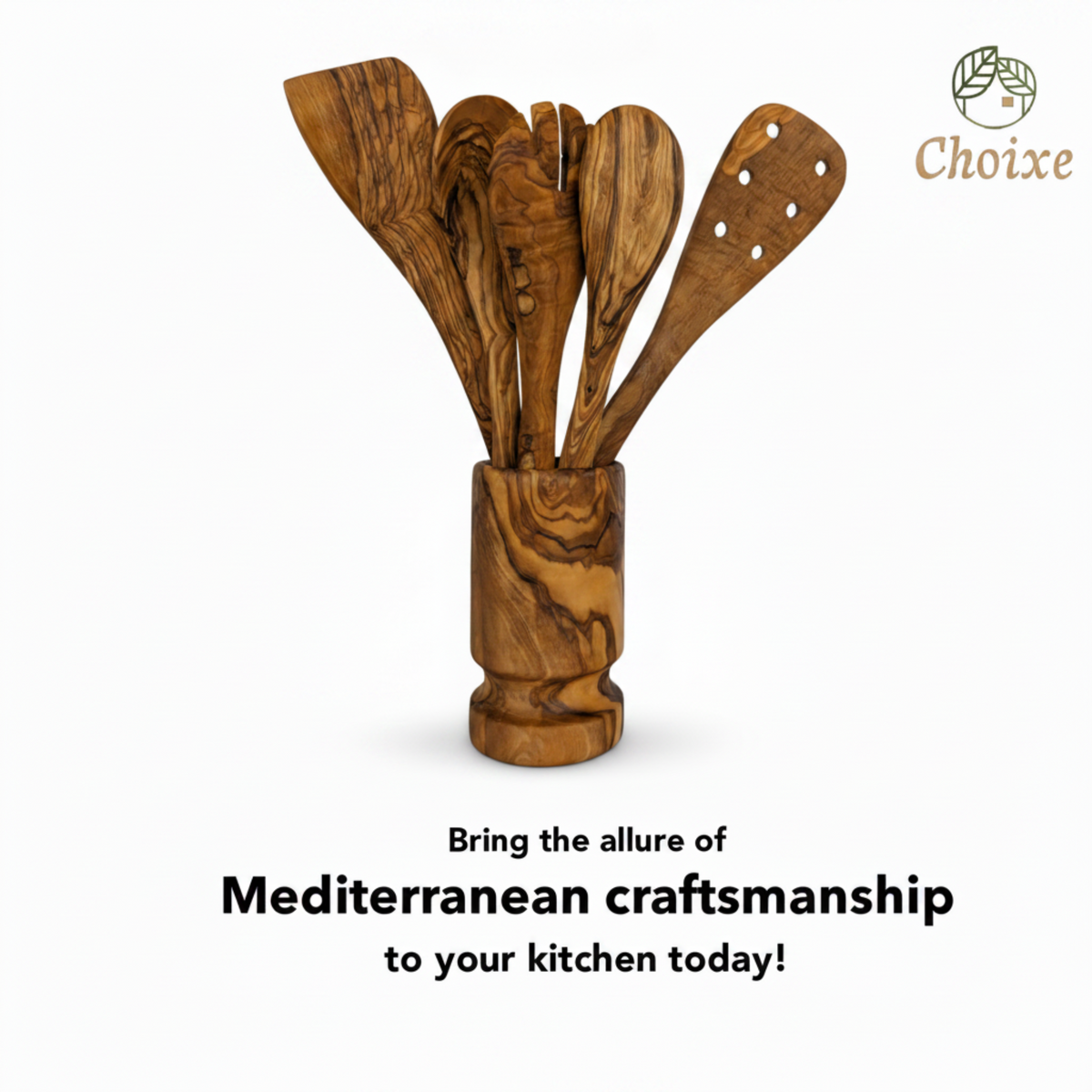 6-Piece Olive Wood Kitchen Utensil Set with Holder