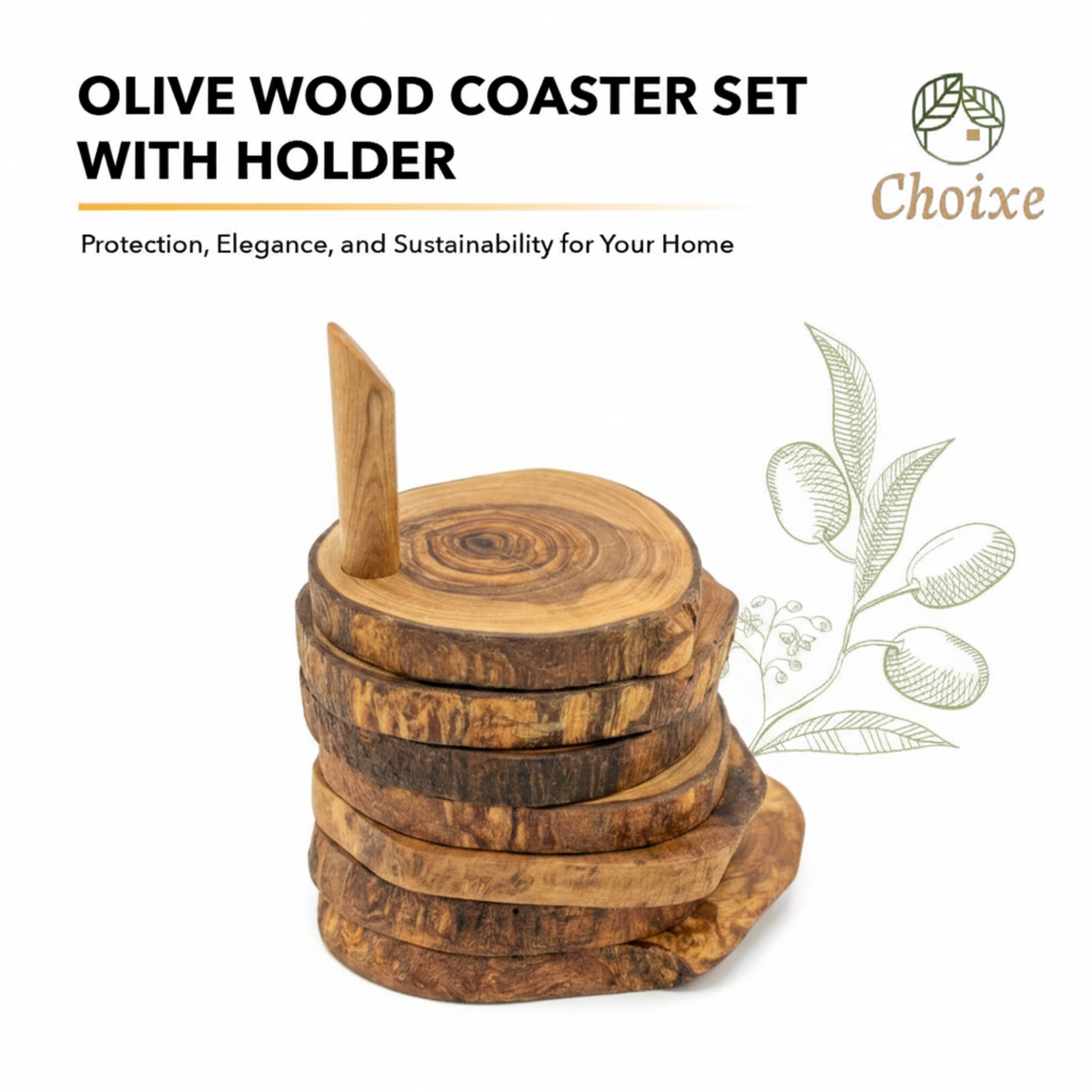 7-Piece Olive Wood Coaster Set with Holder