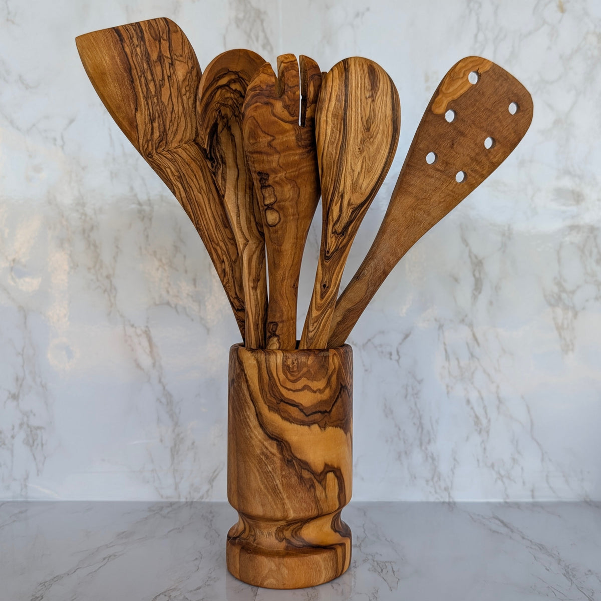 6-Piece Olive Wood Kitchen Utensil Set with Holder